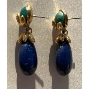 Vintage Neoclassical Faux Malacite & Faux Lapis Lazuli Gold Tone Earrings Boho